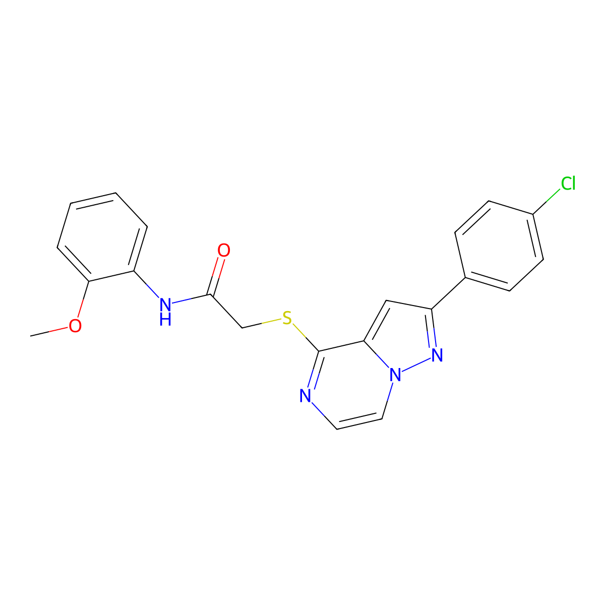 2-{[2-(4-chlorophenyl)pyrazolo[1,5-a]pyrazin-4-yl]sulfanyl}-N-(2-methoxyphenyl)acetamide molecular structure, CAS 1021219-97-5