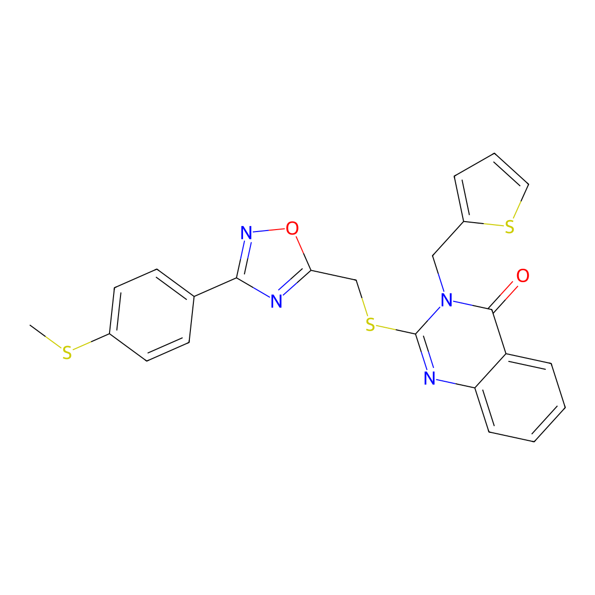 2-[({3-[4-(Methylsulfanyl)phenyl]-1,2,4-oxadiazol-5-yl}methyl)sulfanyl]-3-[(thiophen-2-yl)methyl]-3,4-dihydroquinazolin-4-one molecular structure, CAS 1021220-02-9