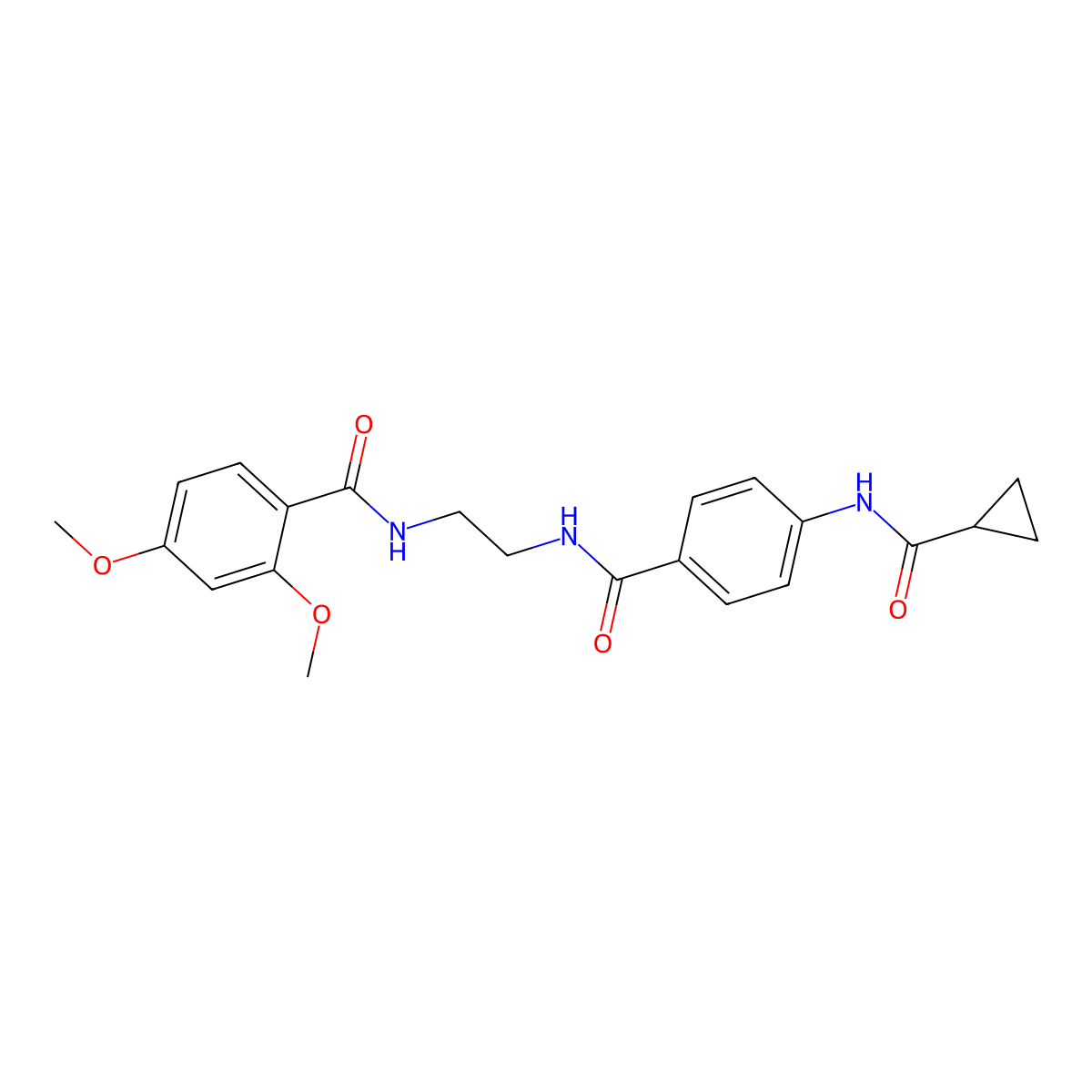 4-cyclopropaneamido-N-{2-[(2,4-dimethoxyphenyl)formamido]ethyl}benzamide molecular structure, CAS 1021220-09-6