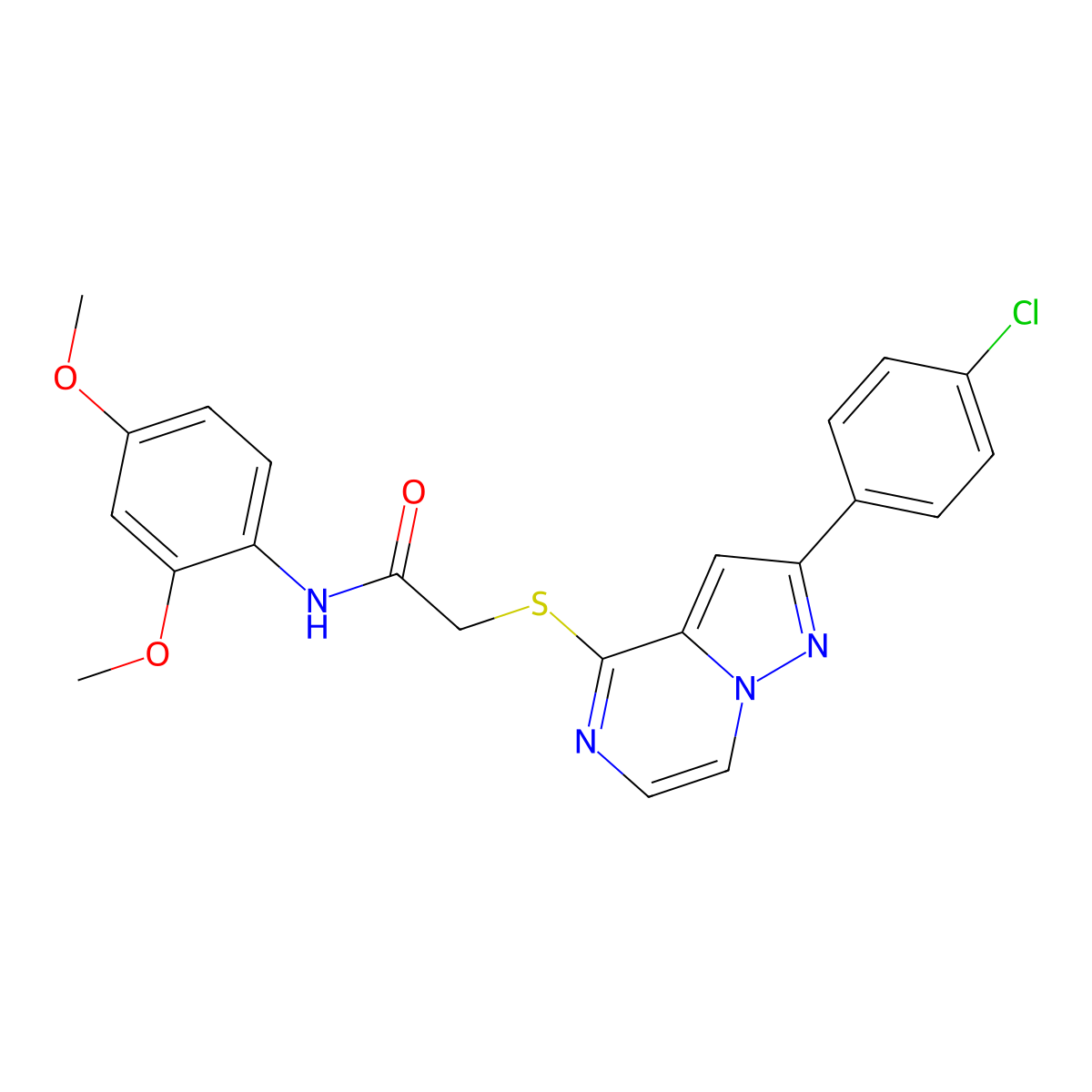2-{[2-(4-chlorophenyl)pyrazolo[1,5-a]pyrazin-4-yl]sulfanyl}-N-(2,4-dimethoxyphenyl)acetamide molecular structure, CAS 1021220-10-9