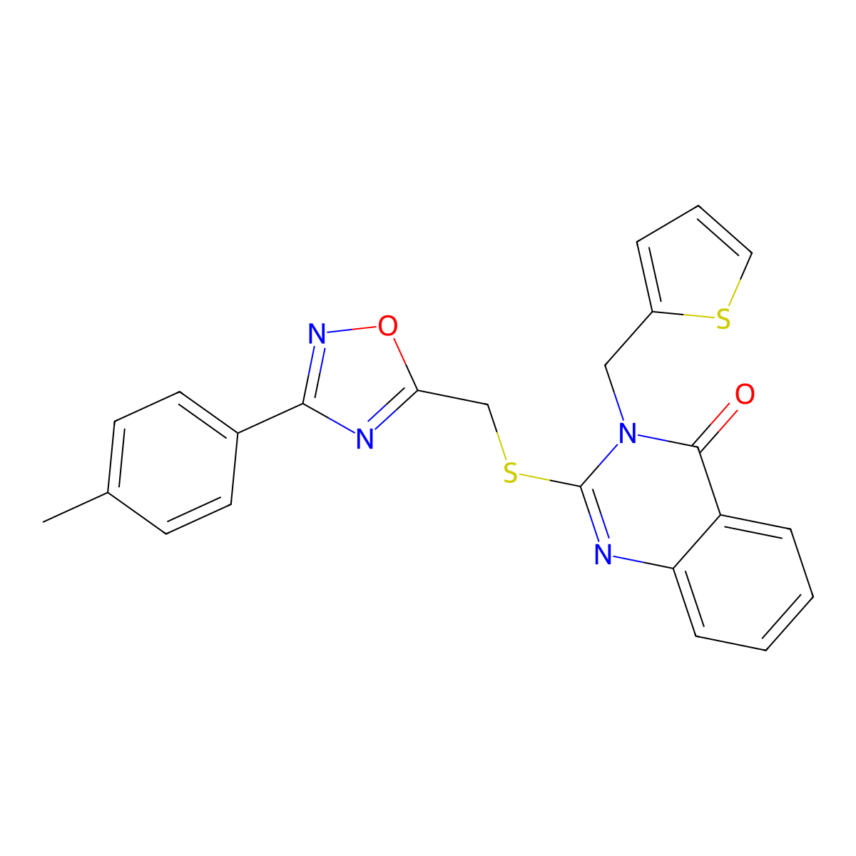2-({[3-(4-Methylphenyl)-1,2,4-oxadiazol-5-yl]methyl}sulfanyl)-3-[(thiophen-2-yl)methyl]-3,4-dihydroquinazolin-4-one molecular structure, CAS 1021220-14-3
