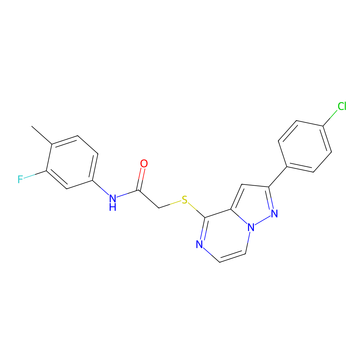2-{[2-(4-chlorophenyl)pyrazolo[1,5-a]pyrazin-4-yl]sulfanyl}-N-(3-fluoro-4-methylphenyl)acetamide molecular structure, CAS 1021220-16-5