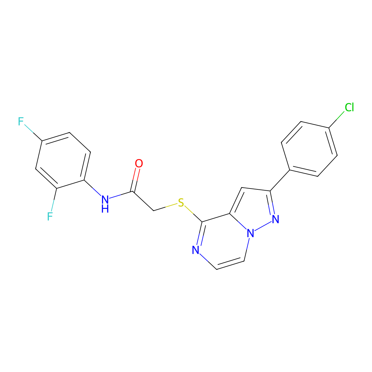 2-{[2-(4-chlorophenyl)pyrazolo[1,5-a]pyrazin-4-yl]sulfanyl}-N-(2,4-difluorophenyl)acetamide molecular structure, CAS 1021220-19-8