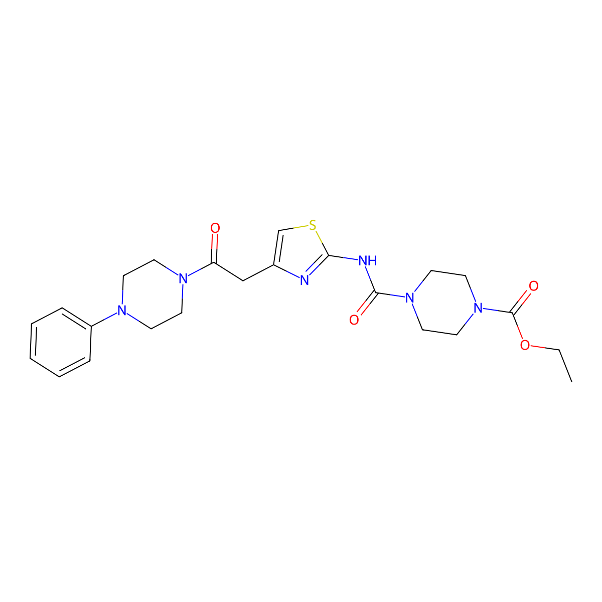 Ethyl 4-((4-(2-oxo-2-(4-phenylpiperazin-1-yl)ethyl)thiazol-2-yl)carbamoyl)piperazine-1-carboxylate molecular structure, CAS 1021220-22-3