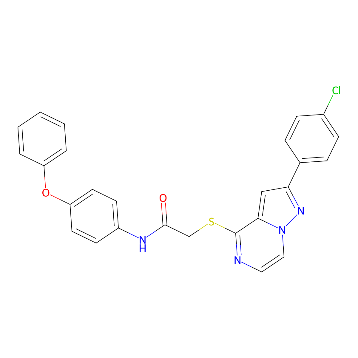 2-{[2-(4-chlorophenyl)pyrazolo[1,5-a]pyrazin-4-yl]sulfanyl}-N-(4-phenoxyphenyl)acetamide molecular structure, CAS 1021220-23-4