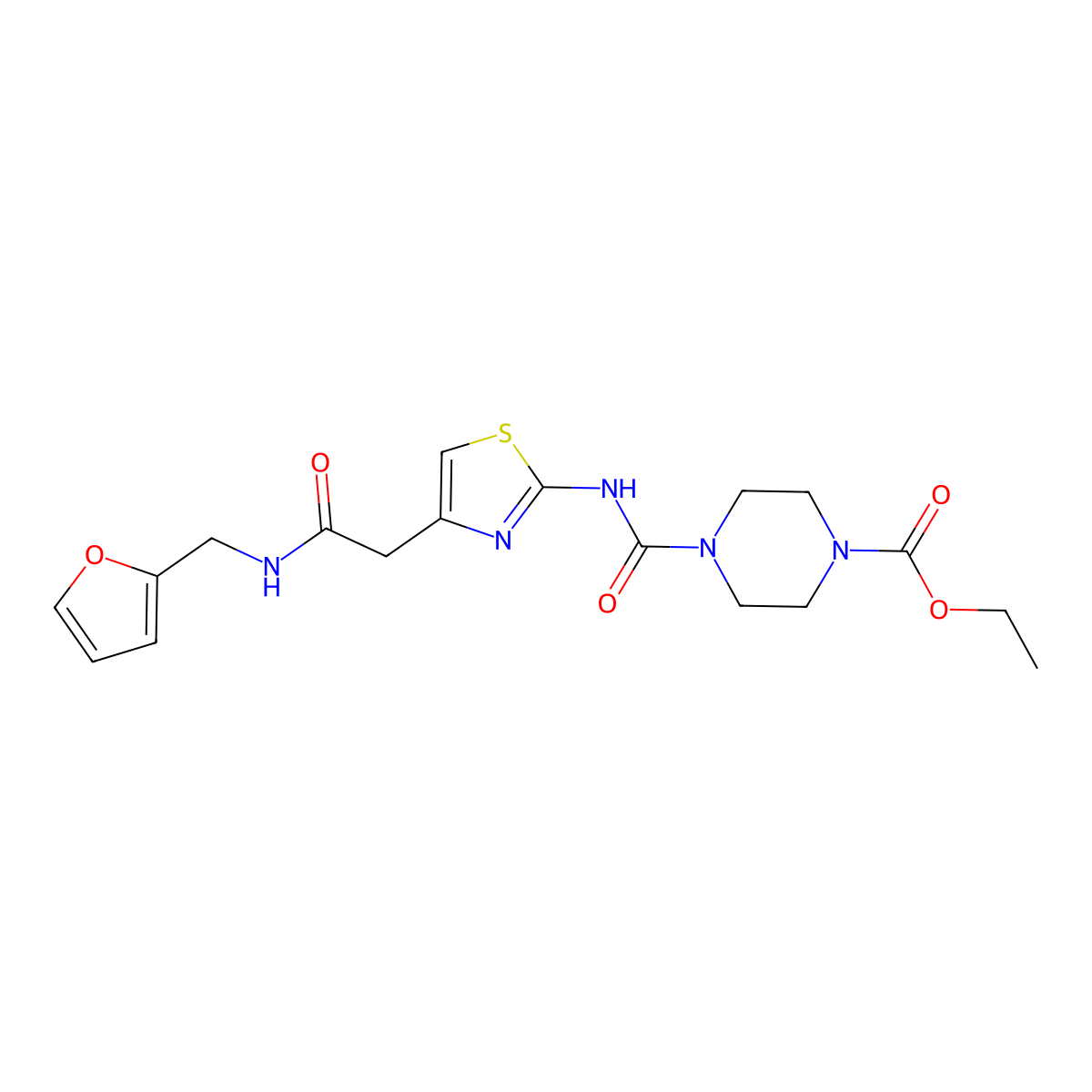 Ethyl 4-((4-(2-((furan-2-ylmethyl)amino)-2-oxoethyl)thiazol-2-yl)carbamoyl)piperazine-1-carboxylate molecular structure, CAS 1021220-26-7