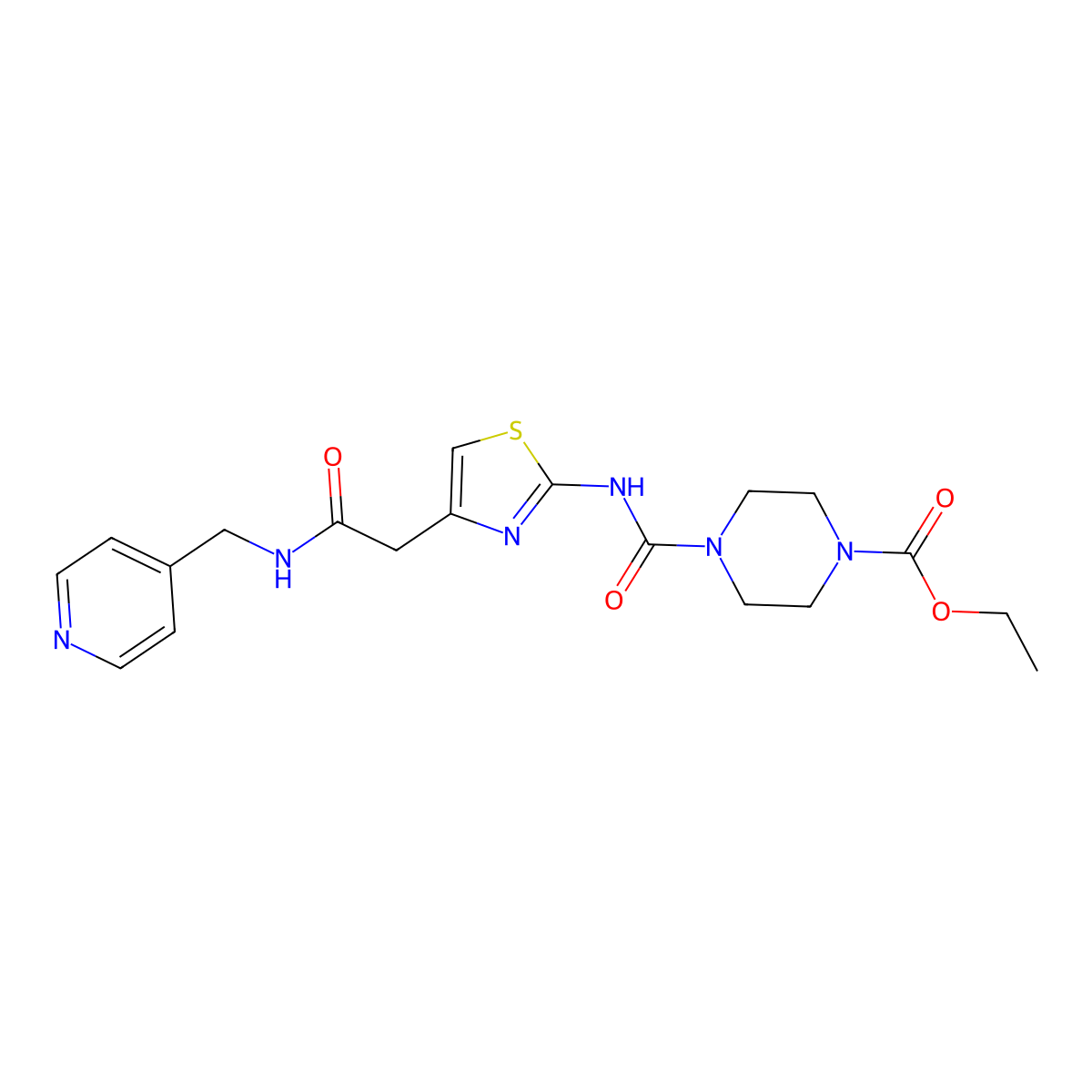 Ethyl 4-((4-(2-oxo-2-((pyridin-4-ylmethyl)amino)ethyl)thiazol-2-yl)carbamoyl)piperazine-1-carboxylate molecular structure, CAS 1021220-34-7
