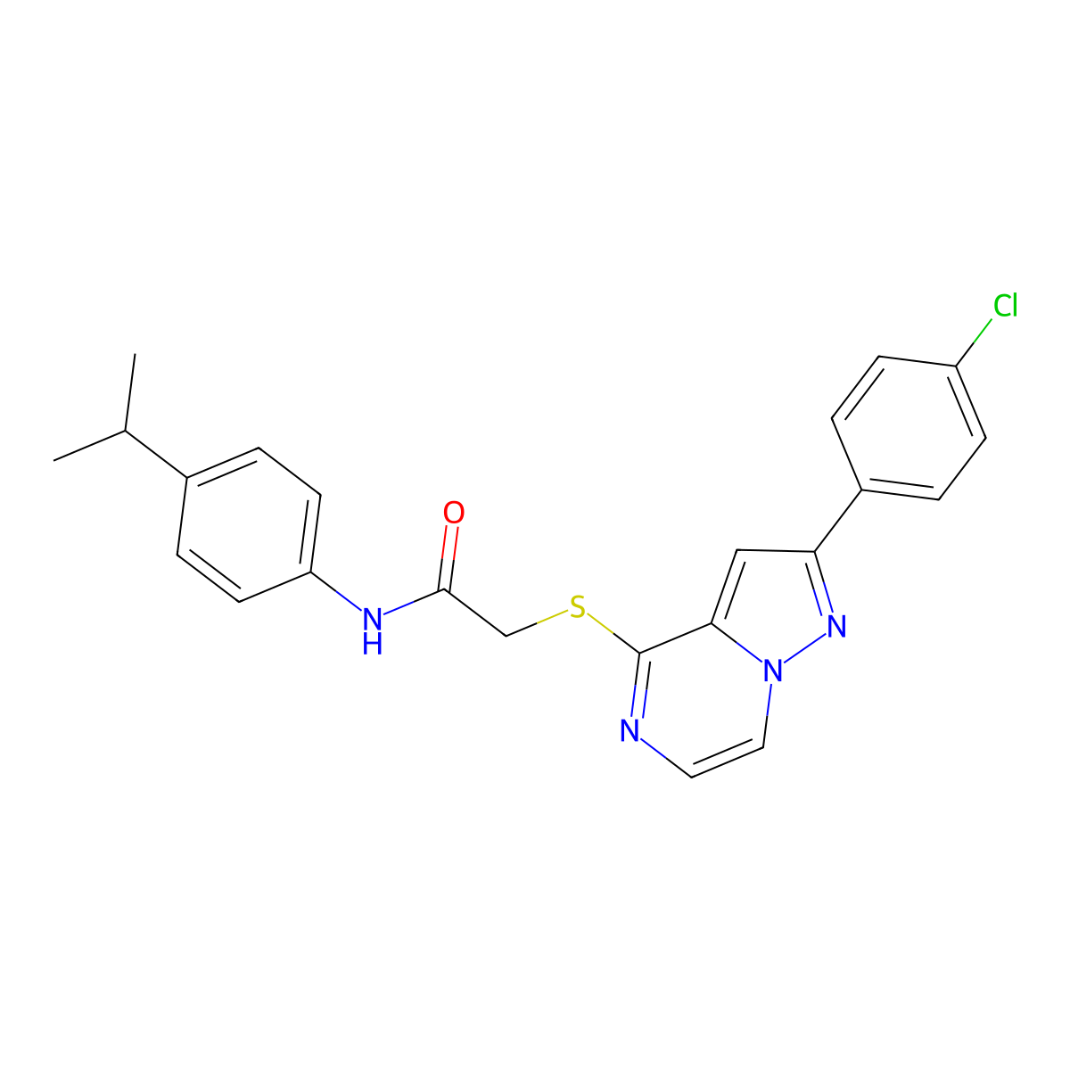 2-{[2-(4-chlorophenyl)pyrazolo[1,5-a]pyrazin-4-yl]sulfanyl}-N-[4-(propan-2-yl)phenyl]acetamide molecular structure, CAS 1021220-39-2