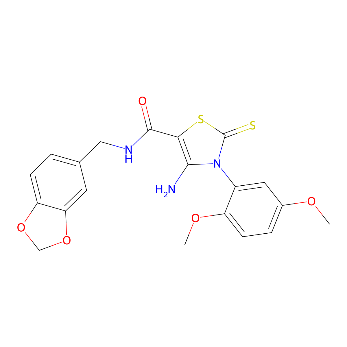 4-amino-N-[(2H-1,3-benzodioxol-5-yl)methyl]-3-(2,5-dimethoxyphenyl)-2-sulfanylidene-2,3-dihydro-1,3-thiazole-5-carboxamide molecular structure, CAS 1021220-40-5