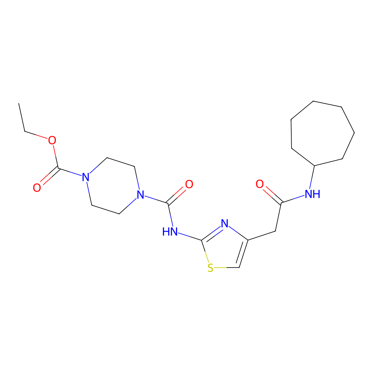 Ethyl 4-((4-(2-(cycloheptylamino)-2-oxoethyl)thiazol-2-yl)carbamoyl)piperazine-1-carboxylate molecular structure, CAS 1021220-42-7