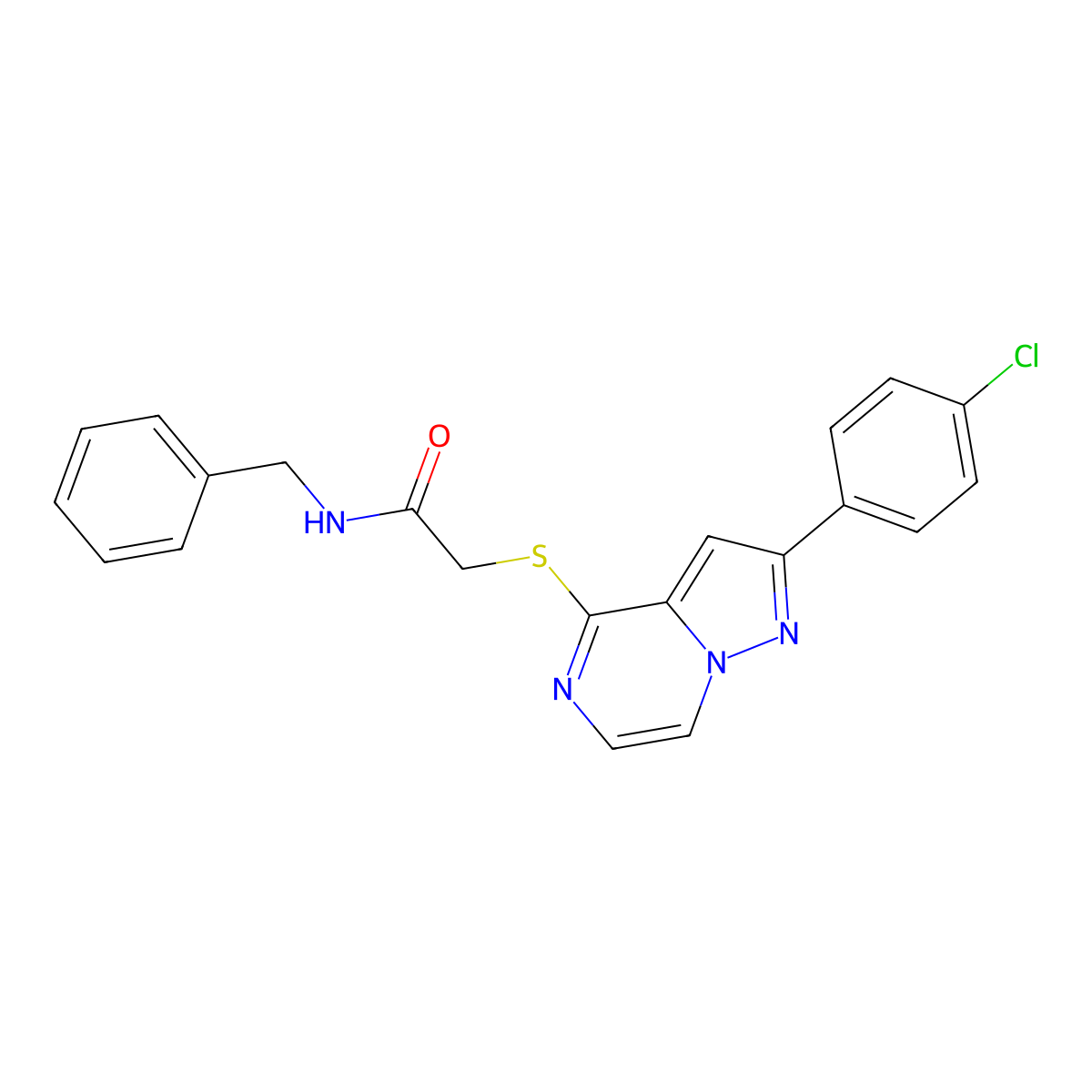 N-benzyl-2-{[2-(4-chlorophenyl)pyrazolo[1,5-a]pyrazin-4-yl]sulfanyl}acetamide molecular structure, CAS 1021220-46-1