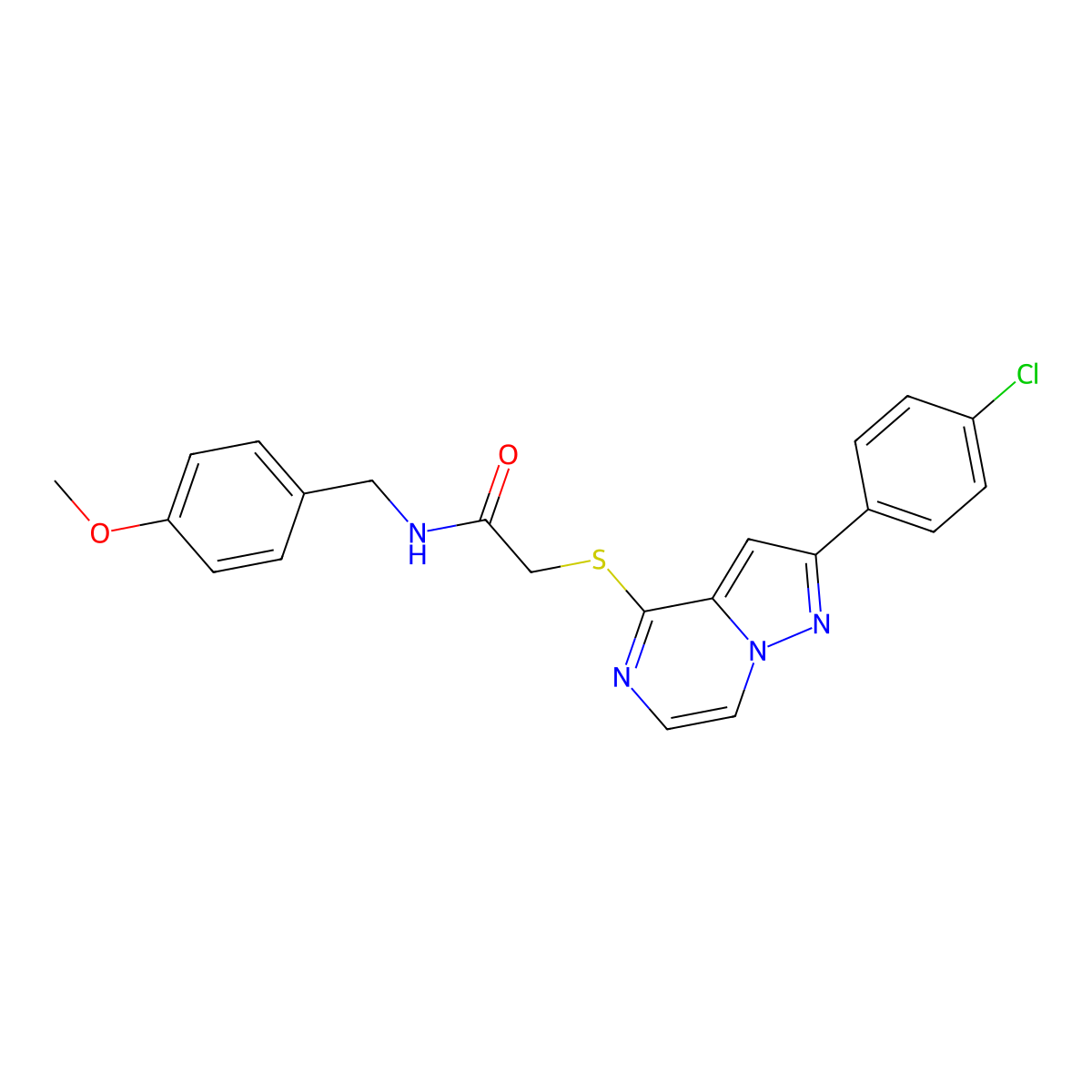2-{[2-(4-chlorophenyl)pyrazolo[1,5-a]pyrazin-4-yl]thio}-N-(4-methoxybenzyl)acetamide molecular structure, CAS 1021220-49-4