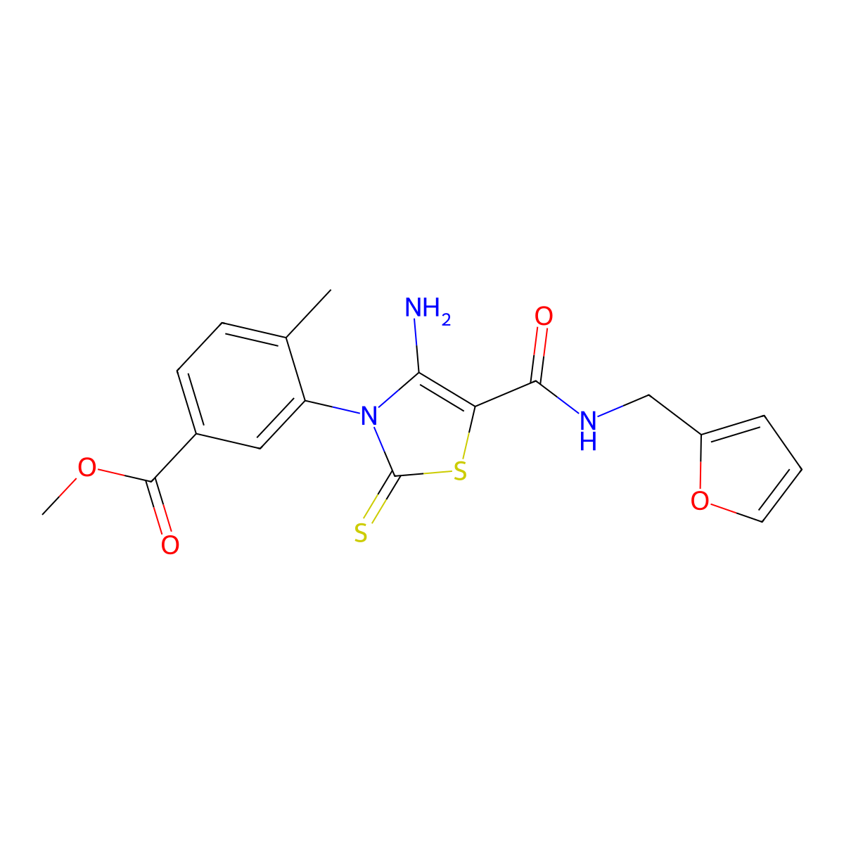 Methyl 3-(4-amino-5-{[(furan-2-yl)methyl]carbamoyl}-2-sulfanylidene-2,3-dihydro-1,3-thiazol-3-yl)-4-methylbenzoate molecular structure, CAS 1021220-50-7
