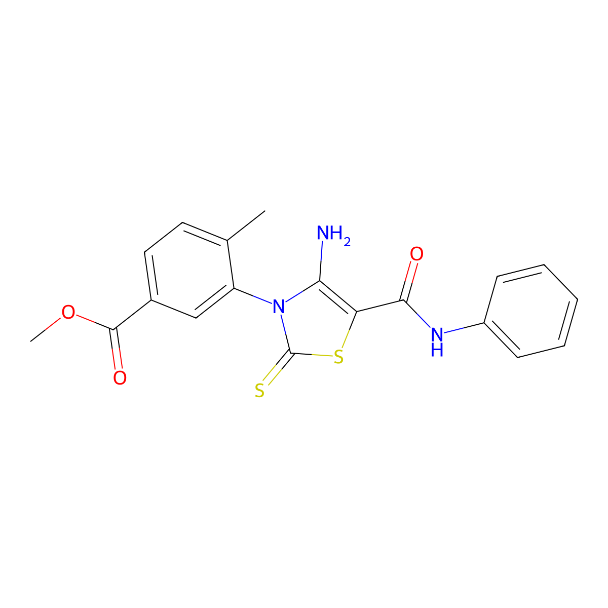 Methyl 3-[4-amino-5-(phenylcarbamoyl)-2-sulfanylidene-2,3-dihydro-1,3-thiazol-3-yl]-4-methylbenzoate molecular structure, CAS 1021220-53-0