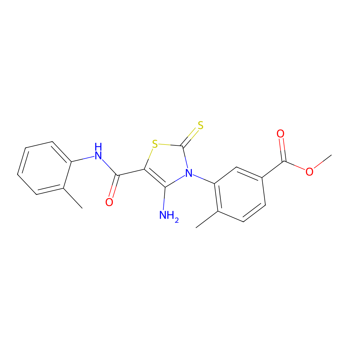 Methyl 3-{4-amino-5-[(2-methylphenyl)carbamoyl]-2-sulfanylidene-2,3-dihydro-1,3-thiazol-3-yl}-4-methylbenzoate molecular structure, CAS 1021220-56-3