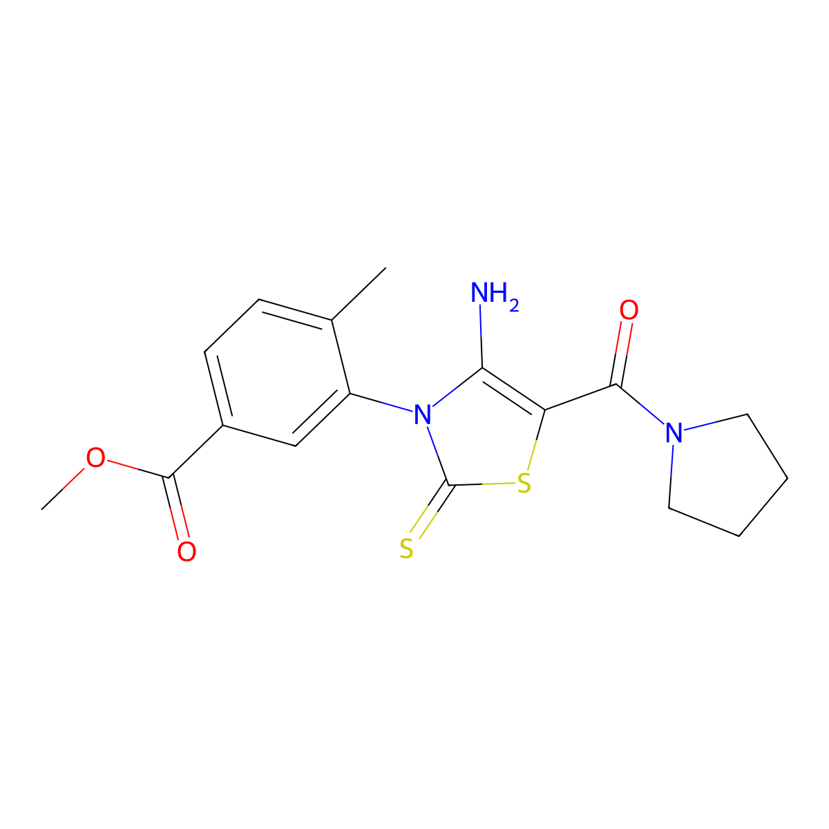Methyl 3-[4-amino-5-(pyrrolidine-1-carbonyl)-2-sulfanylidene-2,3-dihydro-1,3-thiazol-3-yl]-4-methylbenzoate molecular structure, CAS 1021220-59-6