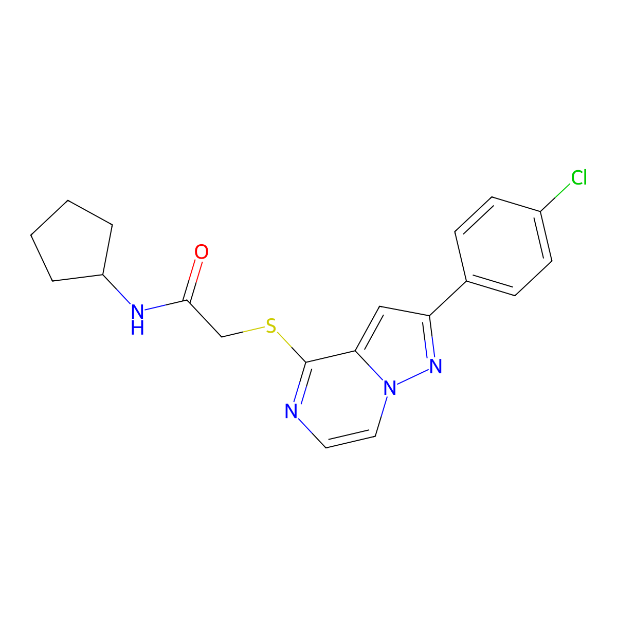 2-{[2-(4-chlorophenyl)pyrazolo[1,5-a]pyrazin-4-yl]sulfanyl}-N-cyclopentylacetamide molecular structure, CAS 1021220-61-0