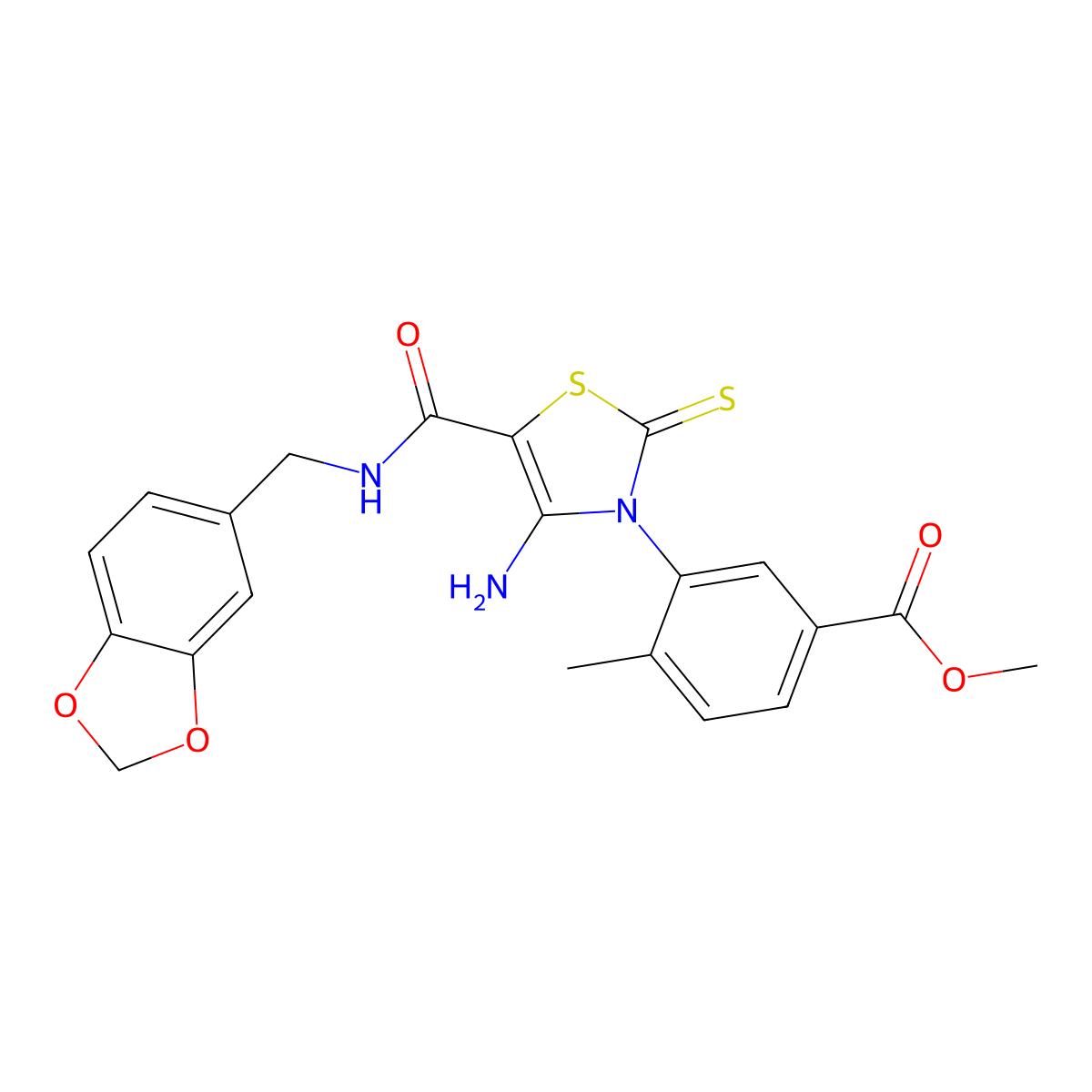methyl 3-(4-amino-5-{[(2H-1,3-benzodioxol-5-yl)methyl]carbamoyl}-2-sulfanylidene-2,3-dihydro-1,3-thiazol-3-yl)-4-methylbenzoate molecular structure, CAS 1021220-62-1