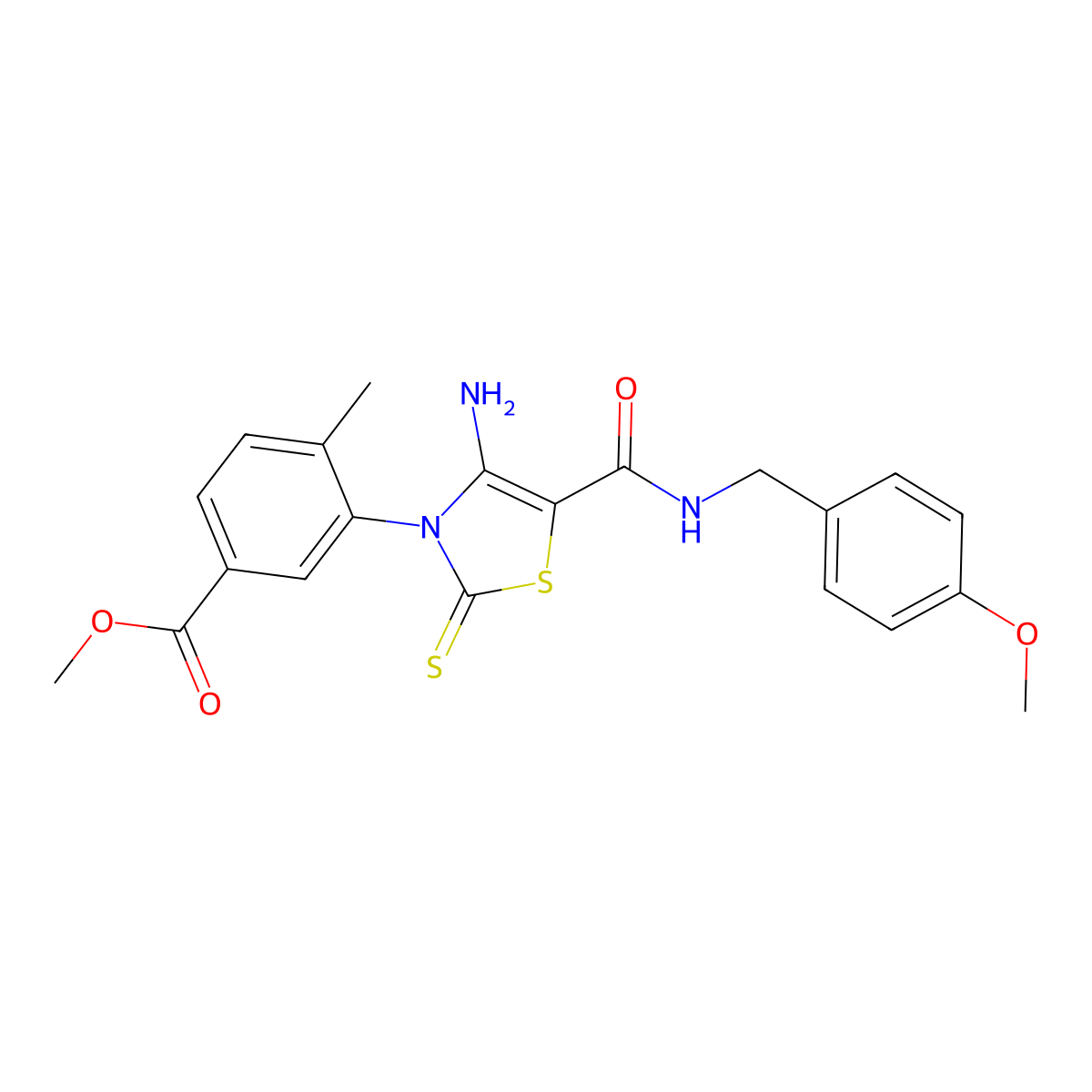 Methyl 3-(4-amino-5-{[(4-methoxyphenyl)methyl]carbamoyl}-2-sulfanylidene-2,3-dihydro-1,3-thiazol-3-yl)-4-methylbenzoate molecular structure, CAS 1021220-66-5