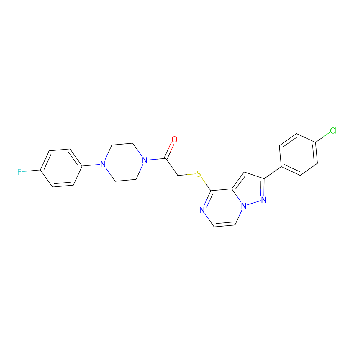 2-((2-(4-Chlorophenyl)pyrazolo[1,5-a]pyrazin-4-yl)thio)-1-(4-(4-fluorophenyl)piperazin-1-yl)ethanone molecular structure, CAS 1021220-69-8
