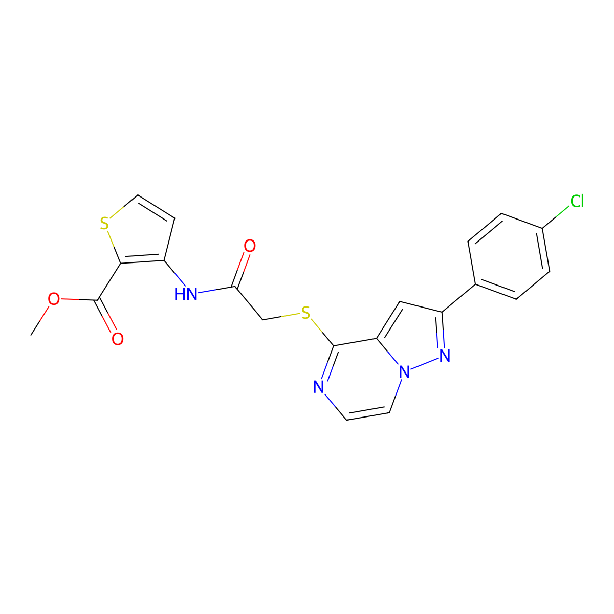Methyl 3-[({[2-(4-chlorophenyl)pyrazolo[1,5-a]pyrazin-4-yl]thio}acetyl)amino]thiophene-2-carboxylate molecular structure, CAS 1021220-77-8
