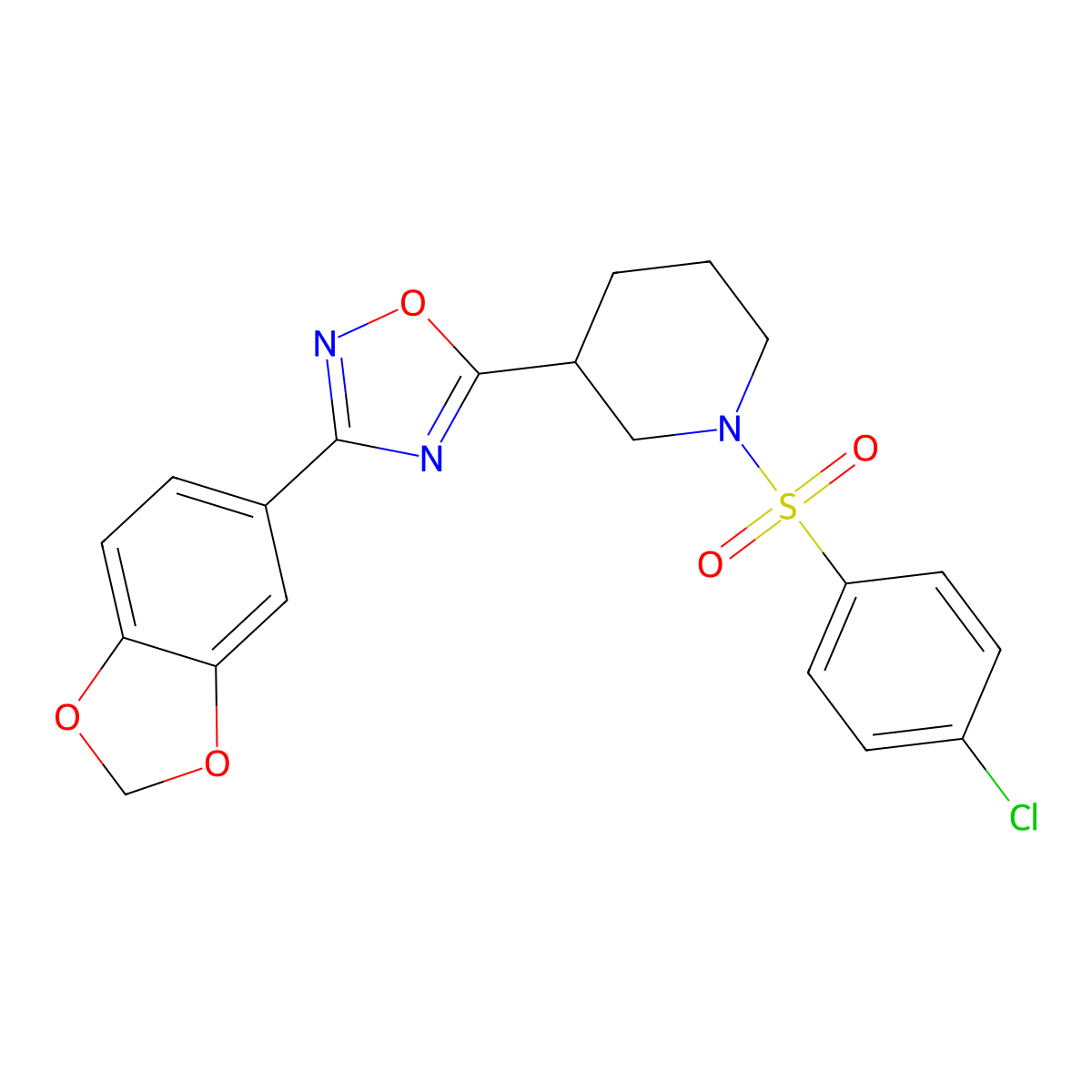 3-(Benzo[d][1,3]dioxol-5-yl)-5-(1-((4-chlorophenyl)sulfonyl)piperidin-3-yl)-1,2,4-oxadiazole molecular structure, CAS 1021220-81-4