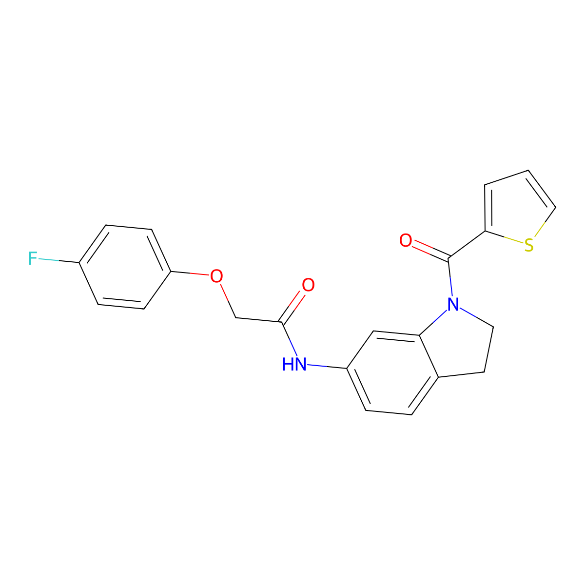 2-(4-fluorophenoxy)-N-(1-(thiophene-2-carbonyl)indolin-6-yl)acetamide molecular structure, CAS 1021221-00-0