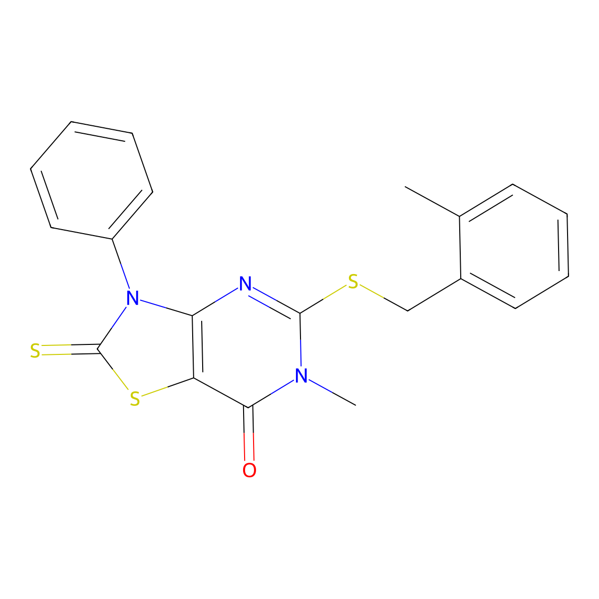 6-methyl-5-((2-methylbenzyl)thio)-3-phenyl-2-thioxo-2,3-dihydrothiazolo[4,5-d]pyrimidin-7(6H)-one molecular structure, CAS 1021221-01-1