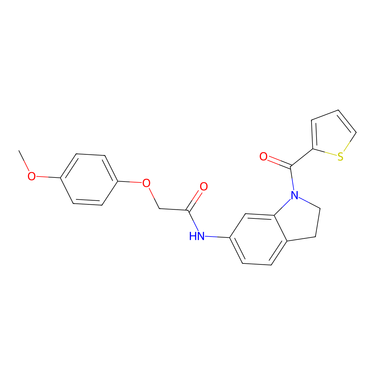 2-(4-methoxyphenoxy)-N-(1-(thiophene-2-carbonyl)indolin-6-yl)acetamide molecular structure, CAS 1021221-04-4