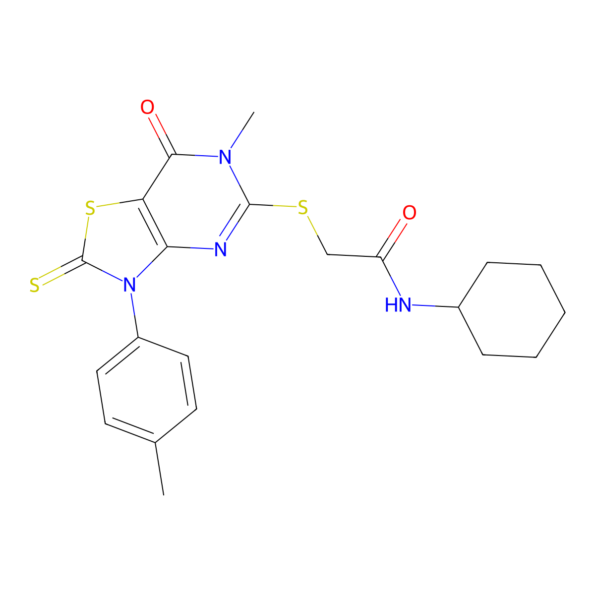 N-cyclohexyl-2-((6-methyl-7-oxo-2-thioxo-3-(p-tolyl)-2,3,6,7-tetrahydrothiazolo[4,5-d]pyrimidin-5-yl)thio)acetamide molecular structure, CAS 1021221-13-5