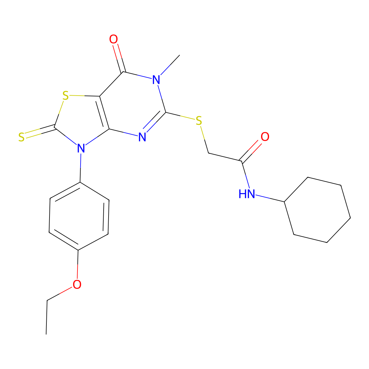 N-cyclohexyl-2-((3-(4-ethoxyphenyl)-6-methyl-7-oxo-2-thioxo-2,3,6,7-tetrahydrothiazolo[4,5-d]pyrimidin-5-yl)thio)acetamide molecular structure, CAS 1021221-17-9