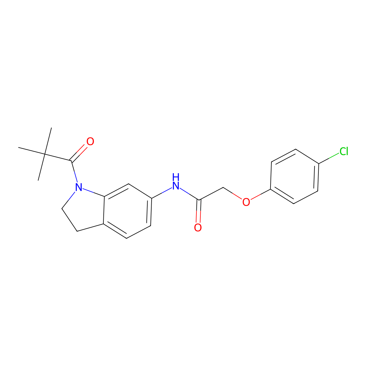 2-(4-chlorophenoxy)-N-(1-pivaloylindolin-6-yl)acetamide molecular structure, CAS 1021221-28-2