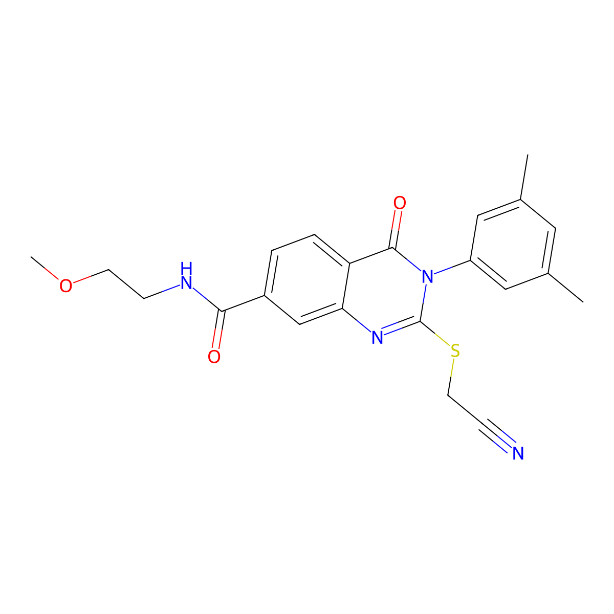 2-((cyanomethyl)thio)-3-(3,5-dimethylphenyl)-N-(2-methoxyethyl)-4-oxo-3,4-dihydroquinazoline-7-carboxamide molecular structure, CAS 1021221-30-6