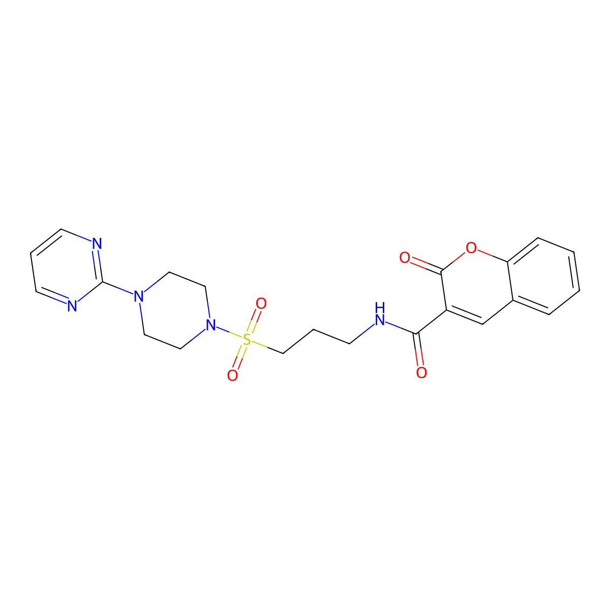 2-oxo-N-(3-((4-(pyrimidin-2-yl)piperazin-1-yl)sulfonyl)propyl)-2H-chromene-3-carboxamide molecular structure, CAS 1021221-39-5