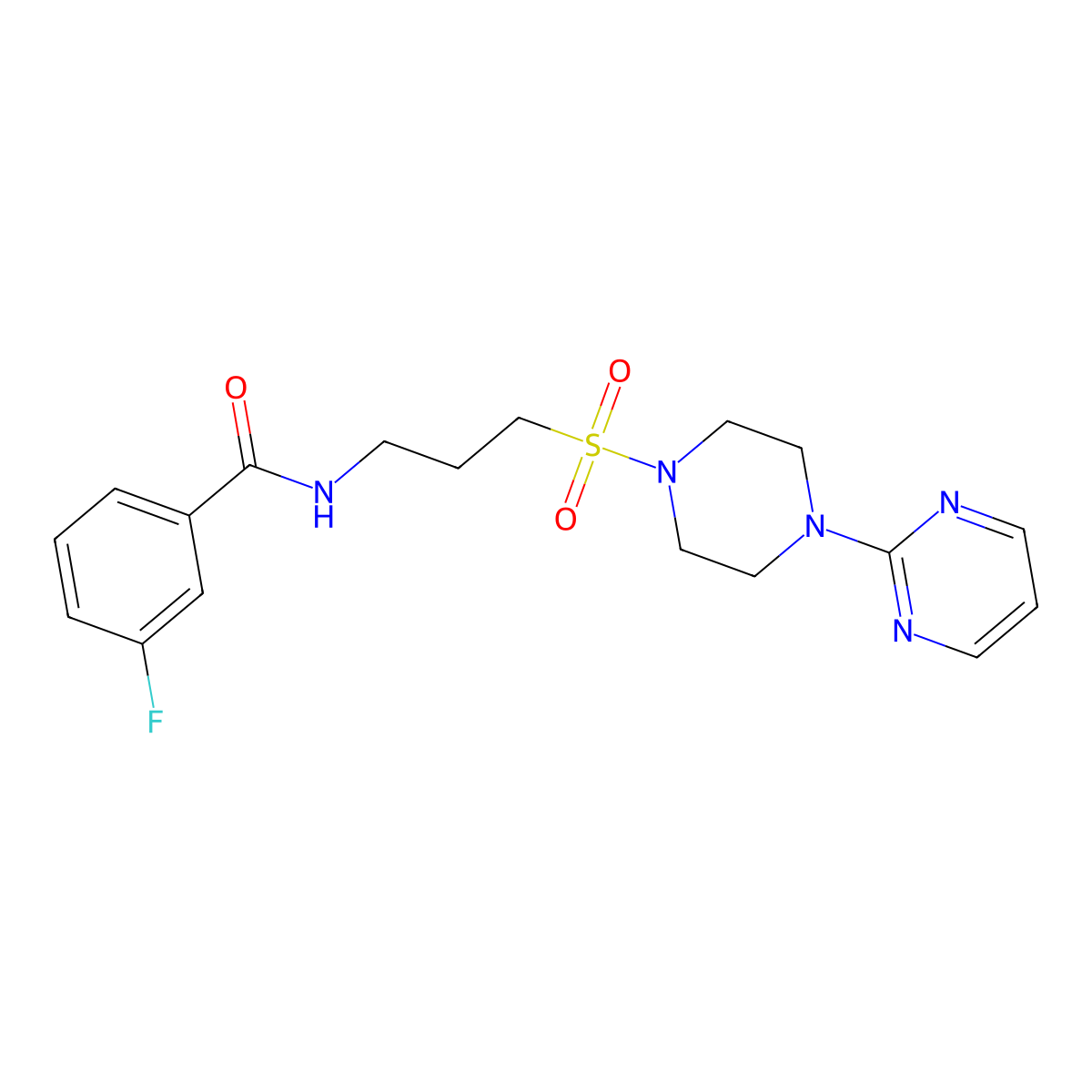 3-fluoro-N-(3-((4-(pyrimidin-2-yl)piperazin-1-yl)sulfonyl)propyl)benzamide molecular structure, CAS 1021221-48-6