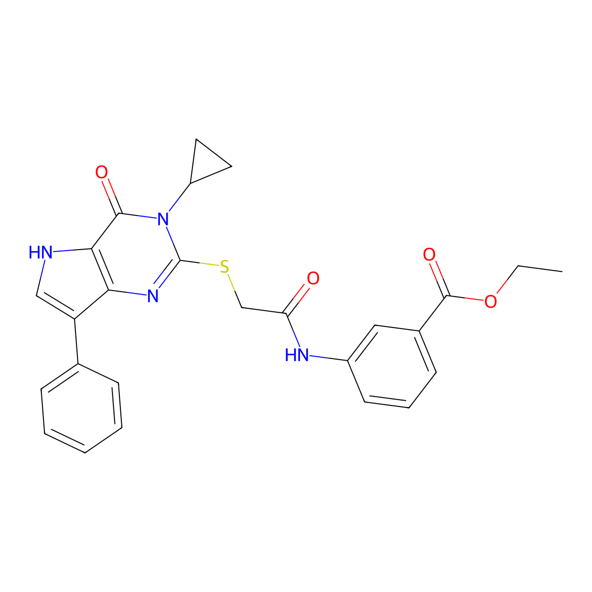 ethyl 3-[2-({3-cyclopropyl-4-oxo-7-phenyl-3H,4H,5H-pyrrolo[3,2-d]pyrimidin-2-yl}sulfanyl)acetamido]benzoate molecular structure, CAS 1021221-51-1