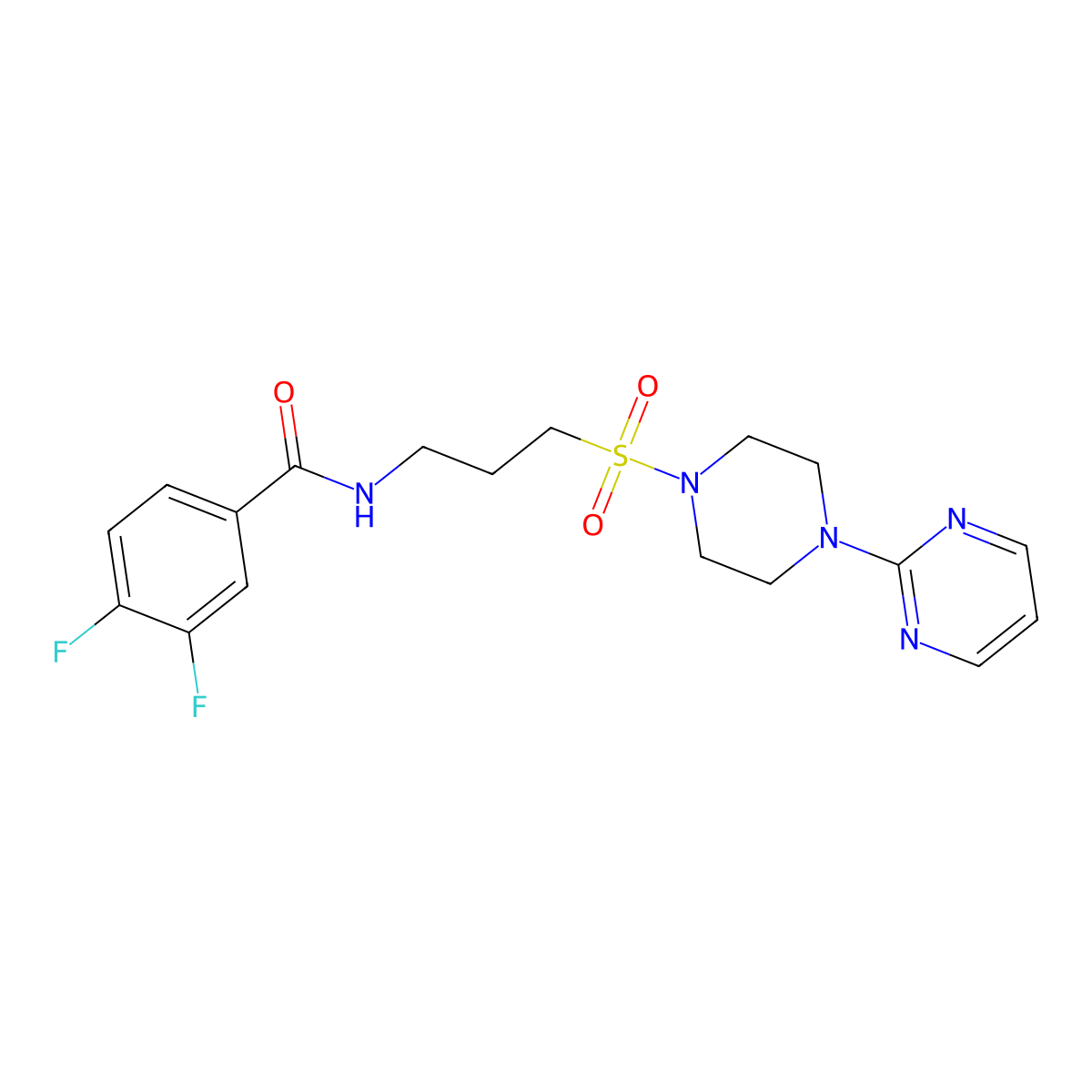 3,4-difluoro-N-(3-((4-(pyrimidin-2-yl)piperazin-1-yl)sulfonyl)propyl)benzamide molecular structure, CAS 1021221-52-2