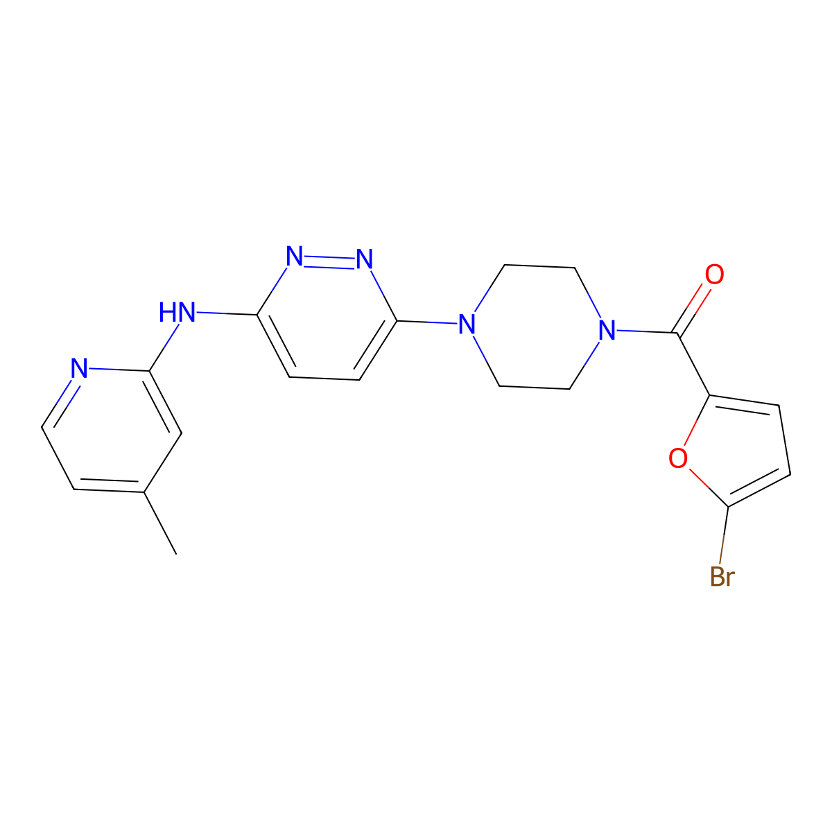 (5-Bromofuran-2-yl)(4-(6-((4-methylpyridin-2-yl)amino)pyridazin-3-yl)piperazin-1-yl)methanone molecular structure, CAS 1021221-54-4