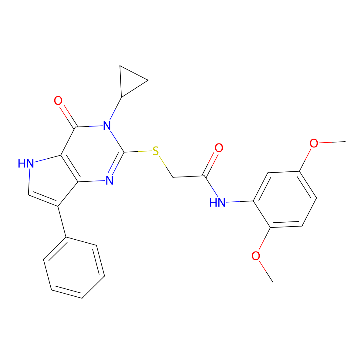 2-({3-cyclopropyl-4-oxo-7-phenyl-3H,4H,5H-pyrrolo[3,2-d]pyrimidin-2-yl}sulfanyl)-N-(2,5-dimethoxyphenyl)acetamide molecular structure, CAS 1021221-55-5