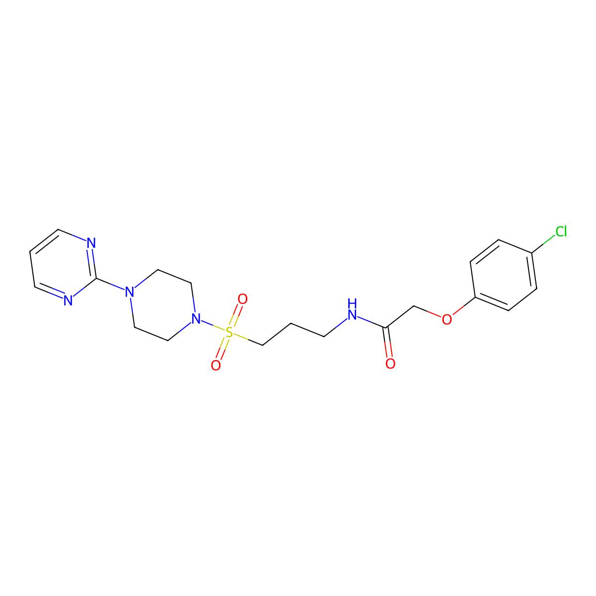 2-(4-chlorophenoxy)-N-(3-((4-(pyrimidin-2-yl)piperazin-1-yl)sulfonyl)propyl)acetamide molecular structure, CAS 1021221-56-6