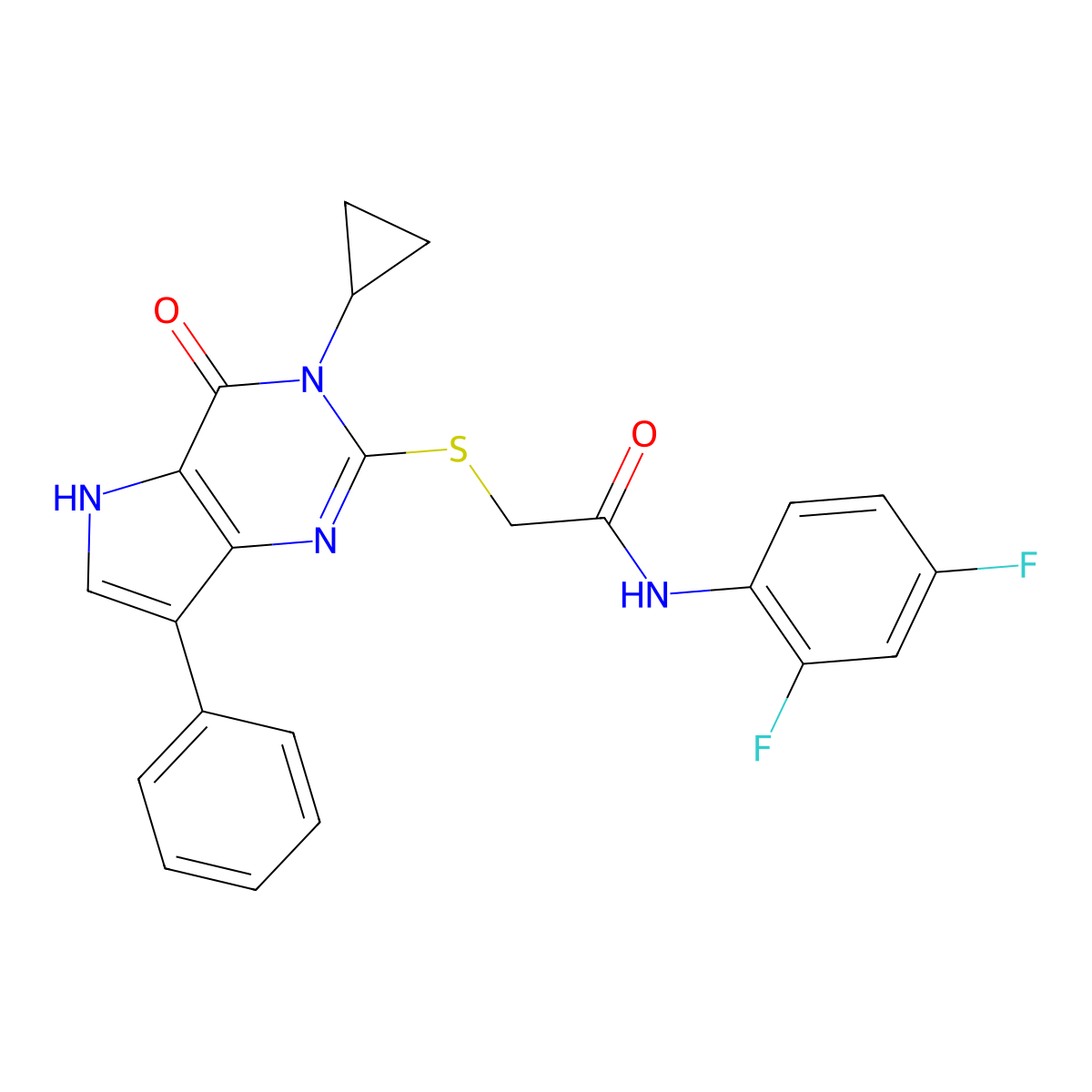 2-({3-cyclopropyl-4-oxo-7-phenyl-3H,4H,5H-pyrrolo[3,2-d]pyrimidin-2-yl}sulfanyl)-N-(2,4-difluorophenyl)acetamide molecular structure, CAS 1021221-57-7