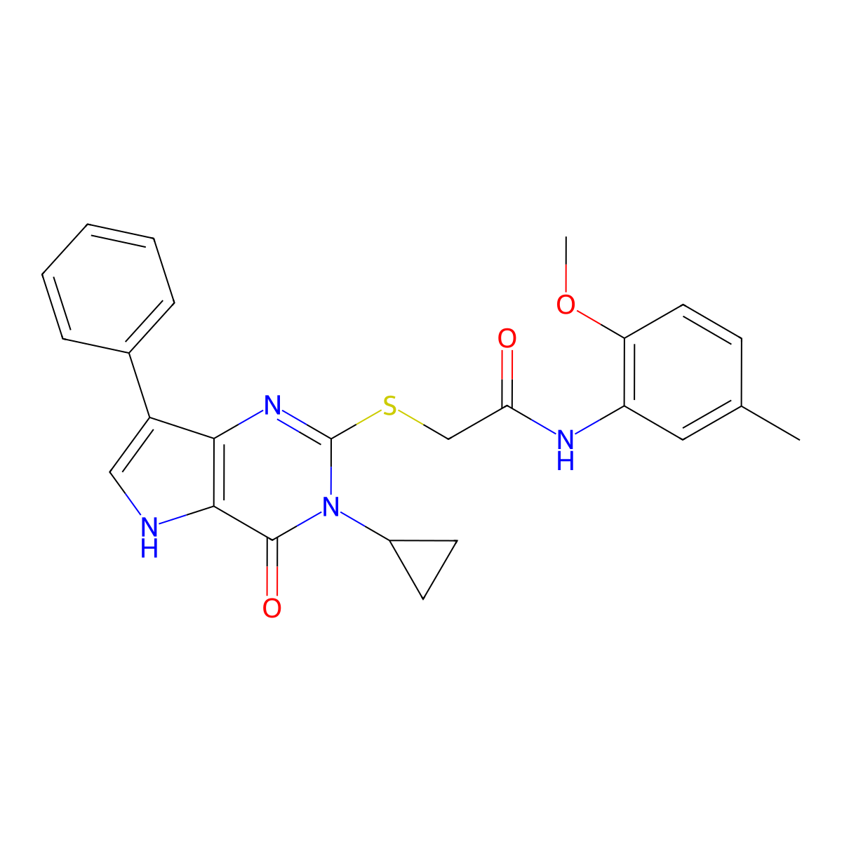 2-({3-cyclopropyl-4-oxo-7-phenyl-3H,4H,5H-pyrrolo[3,2-d]pyrimidin-2-yl}sulfanyl)-N-(2-methoxy-5-methylphenyl)acetamide molecular structure, CAS 1021221-61-3