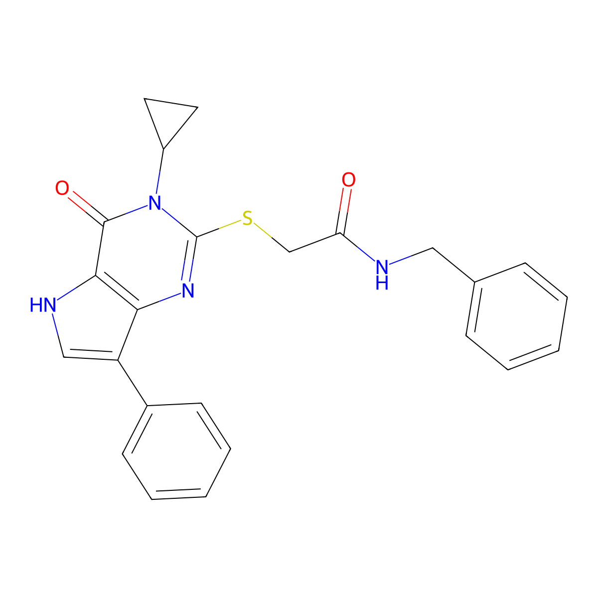 N-benzyl-2-({3-cyclopropyl-4-oxo-7-phenyl-3H,4H,5H-pyrrolo[3,2-d]pyrimidin-2-yl}sulfanyl)acetamide molecular structure, CAS 1021221-64-6