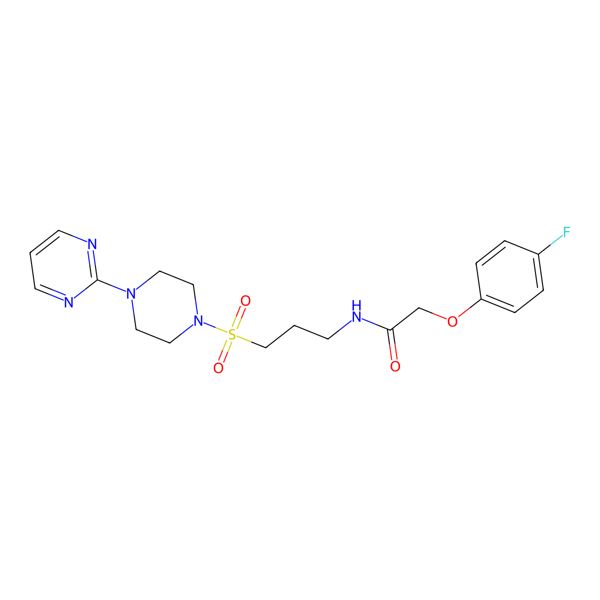 2-(4-fluorophenoxy)-N-(3-((4-(pyrimidin-2-yl)piperazin-1-yl)sulfonyl)propyl)acetamide molecular structure, CAS 1021221-65-7