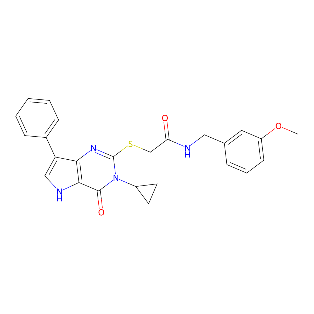 2-({3-cyclopropyl-4-oxo-7-phenyl-3H,4H,5H-pyrrolo[3,2-d]pyrimidin-2-yl}sulfanyl)-N-[(3-methoxyphenyl)methyl]acetamide molecular structure, CAS 1021221-67-9
