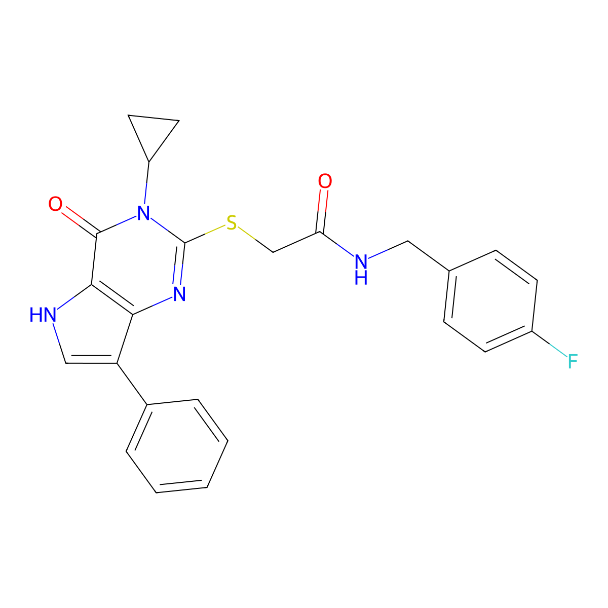 2-({3-cyclopropyl-4-oxo-7-phenyl-3H,4H,5H-pyrrolo[3,2-d]pyrimidin-2-yl}sulfanyl)-N-[(4-fluorophenyl)methyl]acetamide molecular structure, CAS 1021221-70-4