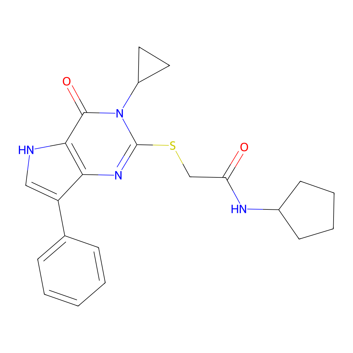 N-cyclopentyl-2-({3-cyclopropyl-4-oxo-7-phenyl-3H,4H,5H-pyrrolo[3,2-d]pyrimidin-2-yl}sulfanyl)acetamide molecular structure, CAS 1021221-84-0