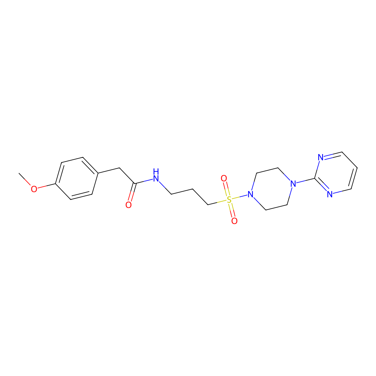 2-(4-methoxyphenyl)-N-(3-((4-(pyrimidin-2-yl)piperazin-1-yl)sulfonyl)propyl)acetamide molecular structure, CAS 1021222-20-7