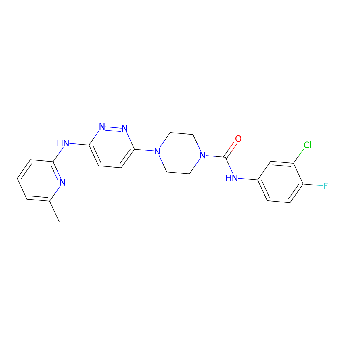 N-(3-chloro-4-fluorophenyl)-4-(6-((6-methylpyridin-2-yl)amino)pyridazin-3-yl)piperazine-1-carboxamide molecular structure, CAS 1021222-88-7