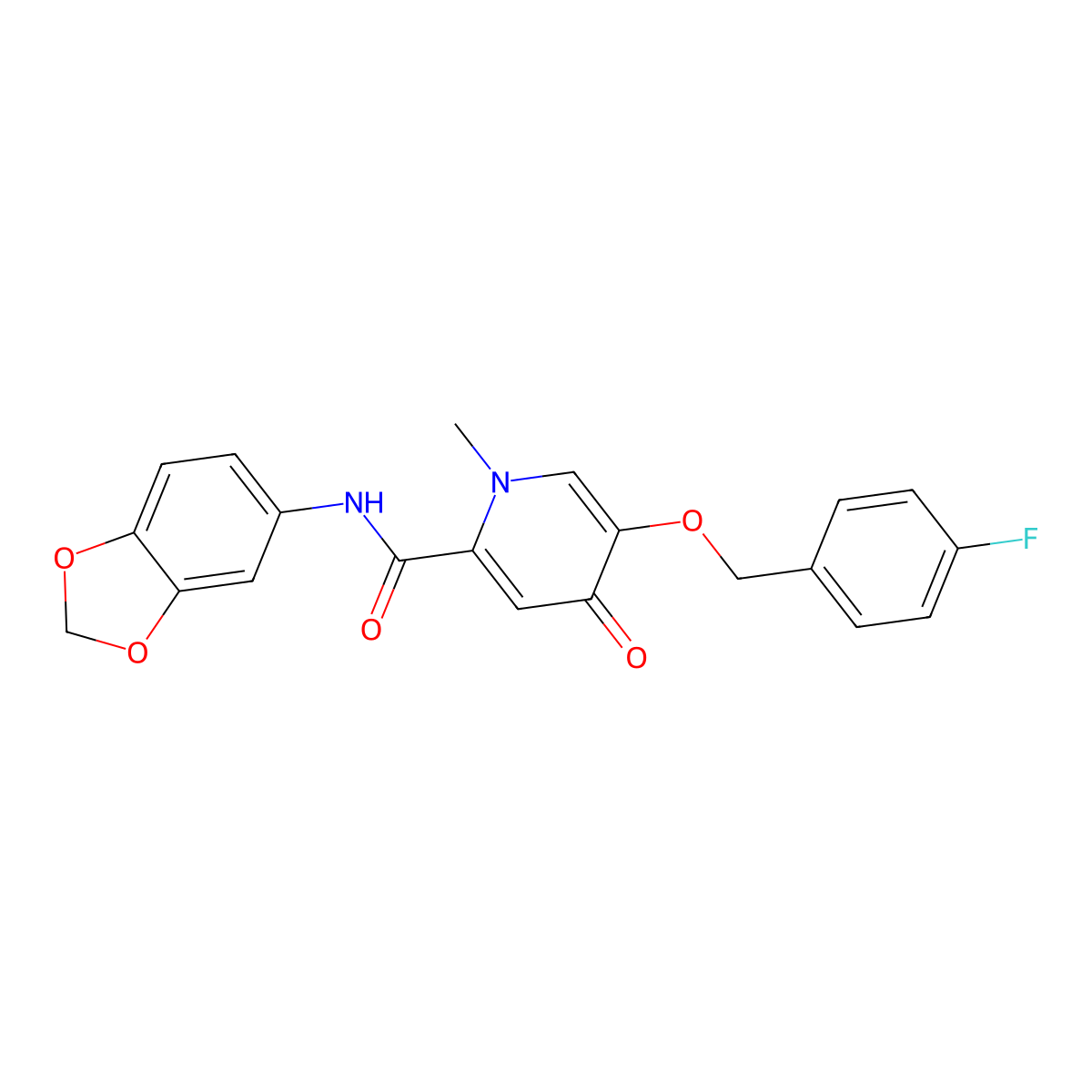 N-(benzo[d][1,3]dioxol-5-yl)-5-((4-fluorobenzyl)oxy)-1-methyl-4-oxo-1,4-dihydropyridine-2-carboxamide molecular structure, CAS 1021223-08-4